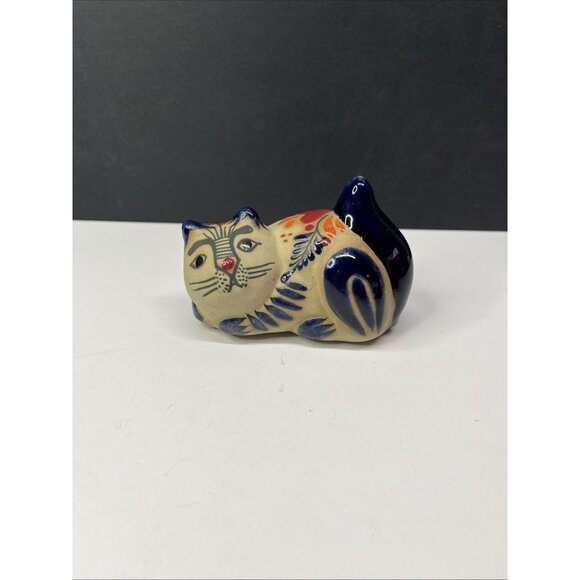 Mexican Tonala Cat Figurine Flower Folk Art Pottery Hand Painted Cancun 4” - Picture 10 of 11